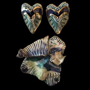 Vintage Artisan Ceramic Glazed Brooch Shoulder Pin and Earring Set